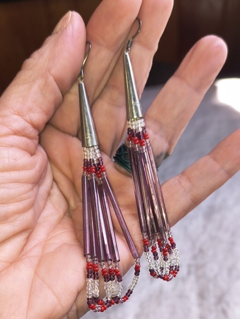 Native American Cherokee Purple and Red Beaded Tassel Drop Earrings Sterling Sil - Picture 4 of 5